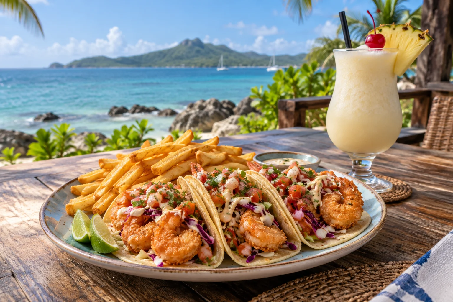 Plato de tacos de camarón empanizado con papas fritas y una piña colada frente al mar; imagen ilustrativa generada con IA